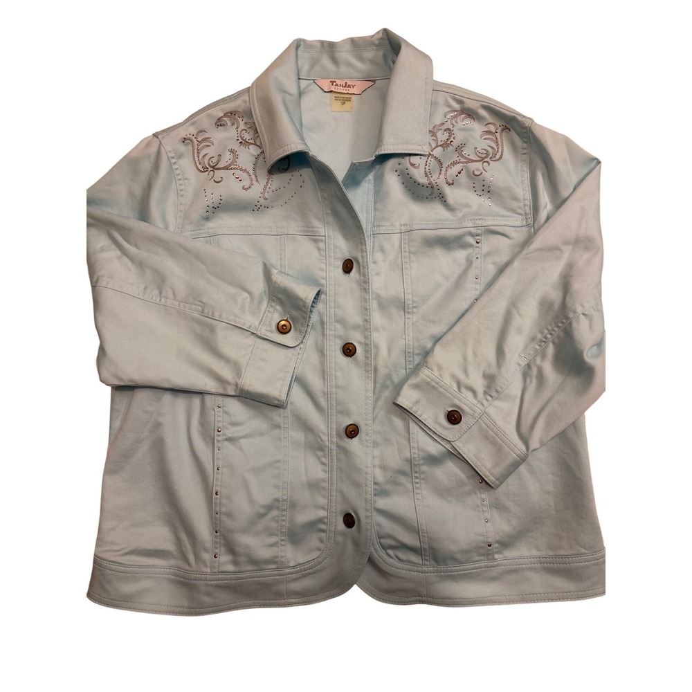 Tanjay Petites Light‎ Blue Rhinestone Embroidered Button Front Jacket 12P 12